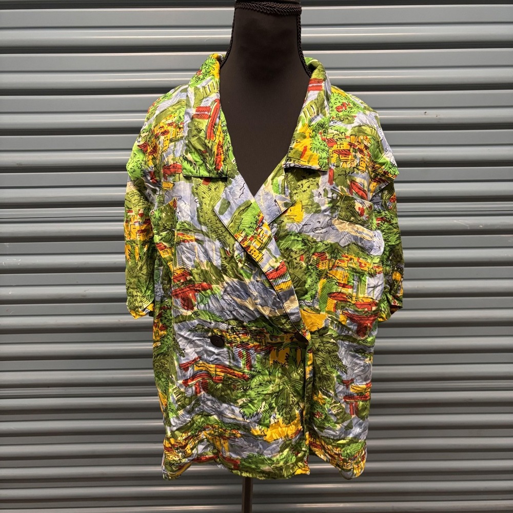 Adrianna Papell Shirt Hawiian Button Womens 14 Green Silk Vintage‎